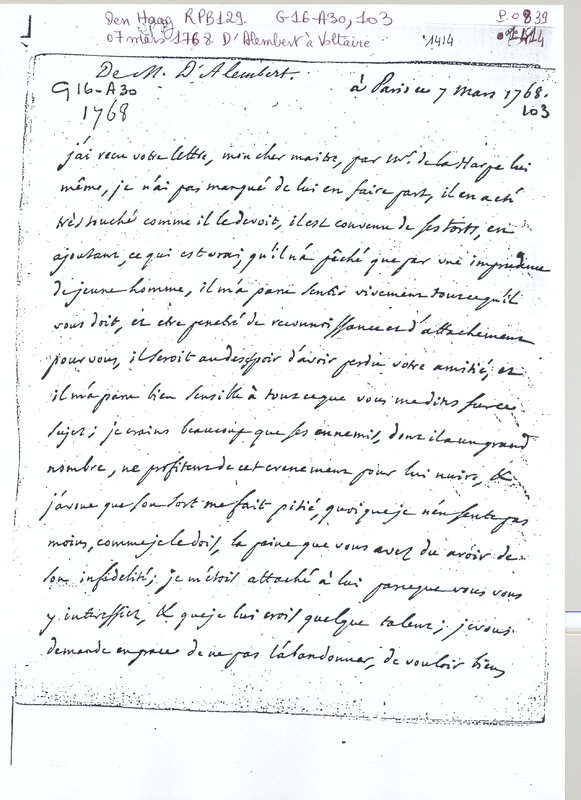 Lettre de D'Alembert à Voltaire, 7 mars 1768 Lettre de D'Alembert à Voltaire, 7 mars 1768