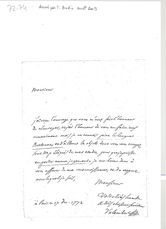 Lettre de D'Alembert à Un correspondant breton, 17 décembre 1772 Lettre de D'Alembert à Un correspondant breton, 17 décembre 1772