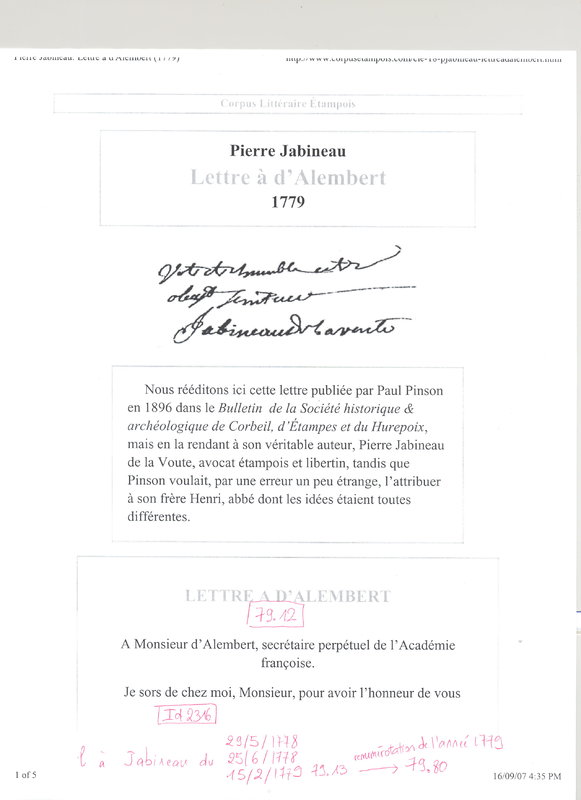 Lettre de Jabineau de la Voute à D'Alembert, 14 février 1779 Lettre de Jabineau de la Voute à D'Alembert, 14 février 1779
