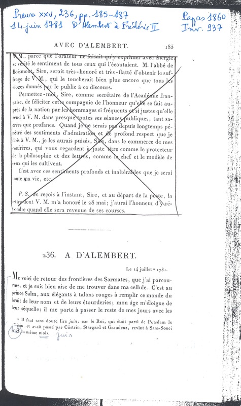 Lettre de Frédéric II à D'Alembert, 14 juin 1781 Lettre de Frédéric II à D'Alembert, 14 juin 1781