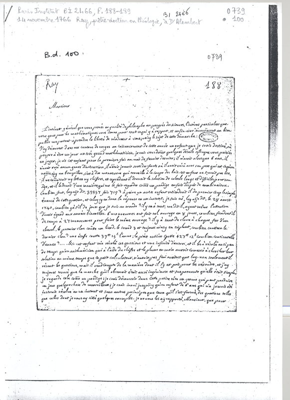 Lettre de Ray à D'Alembert, 14 novembre 1766 Lettre de Ray à D'Alembert, 14 novembre 1766