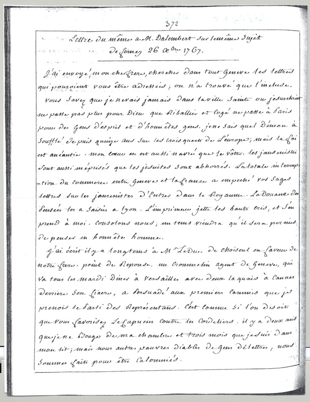 Lettre de Voltaire à D'Alembert, 26 décembre 1767 Lettre de Voltaire à D'Alembert, 26 décembre 1767