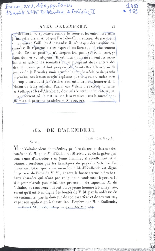 Lettre de D'Alembert à Frédéric II, 13 août 1775 Lettre de D'Alembert à Frédéric II, 13 août 1775