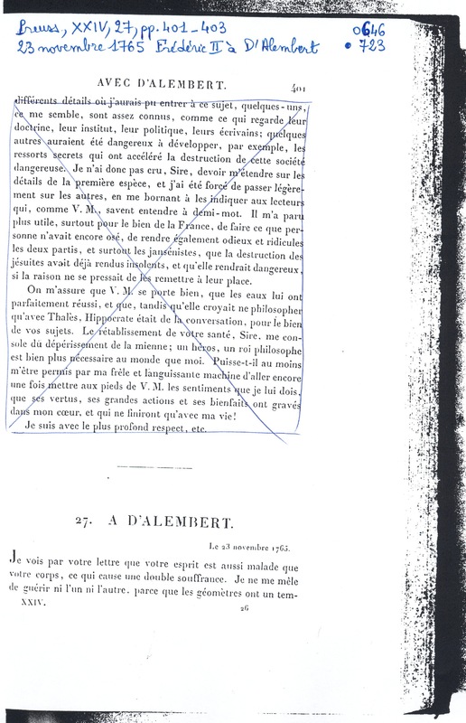 Lettre de Frédéric II à D'Alembert, 23 novembre 1765 Lettre de Frédéric II à D'Alembert, 23 novembre 1765