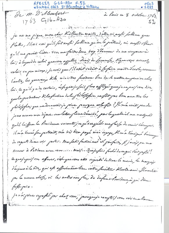 Lettre de D'Alembert à Voltaire, 8 octobre 1763 Lettre de D'Alembert à Voltaire, 8 octobre 1763