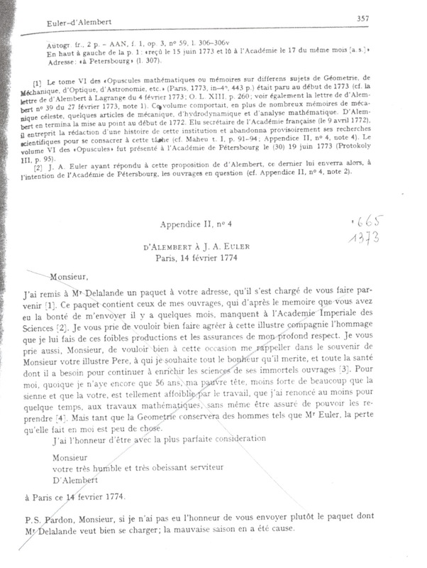 Lettre de D'Alembert à Euler Johann Albrecht, 27 février 1773 Lettre de D'Alembert à Euler Johann Albrecht, 27 février 1773