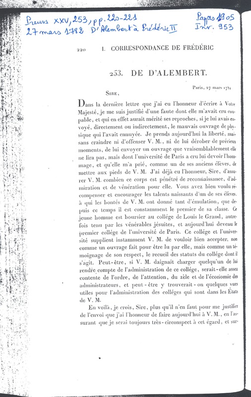 Lettre de D'Alembert à Frédéric II, 27 mars 1782 Lettre de D'Alembert à Frédéric II, 27 mars 1782