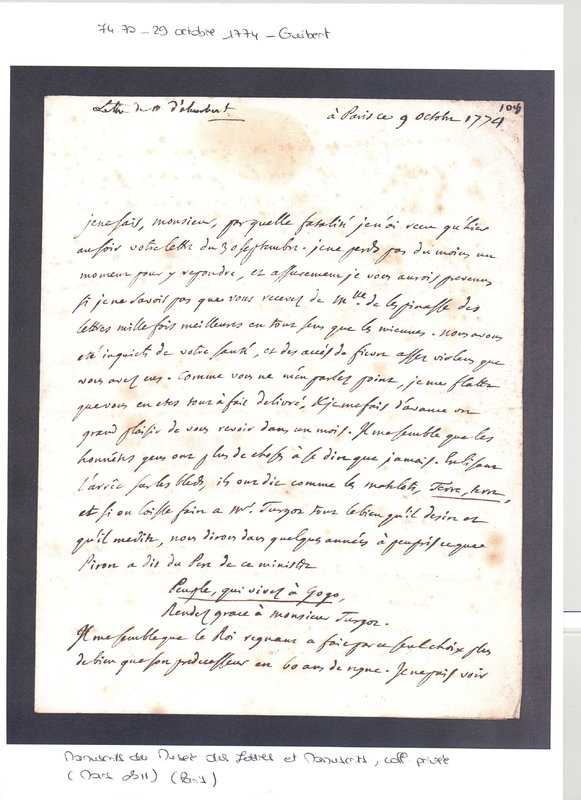 Lettre de D'Alembert à Guibert, 9 octobre 1774 Lettre de D'Alembert à Guibert, 9 octobre 1774