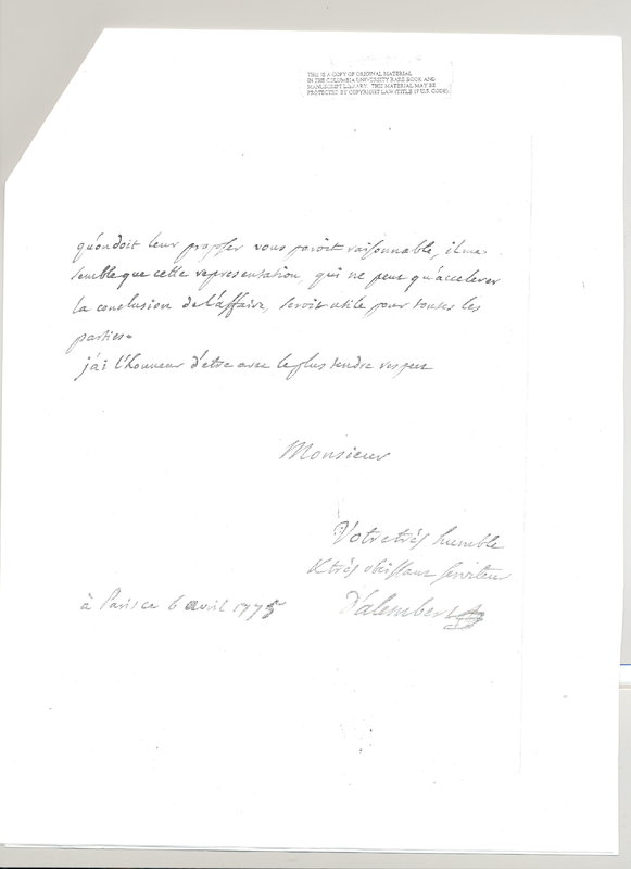 Lettre de D'Alembert à Anisson Duperron, 6 avril 1775 Lettre de D'Alembert à Anisson Duperron, 6 avril 1775