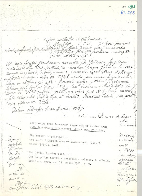Lettre de Gunnerus à D'Alembert, 23 juin 1769 Lettre de Gunnerus à D'Alembert, 23 juin 1769