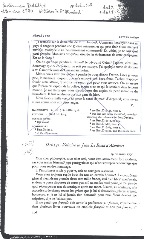 Lettre de Voltaire à D'Alembert, 19 mars 1770