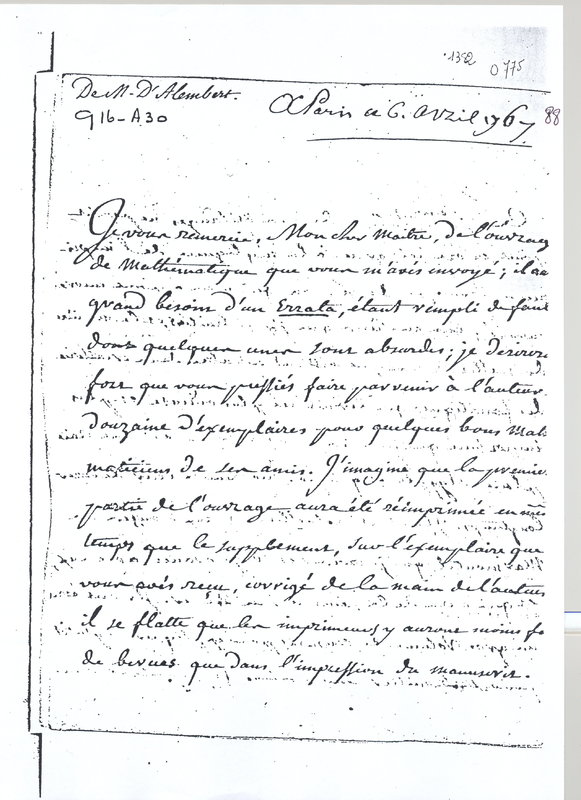 Lettre de D'Alembert à Voltaire, 6 avril 1767 Lettre de D'Alembert à Voltaire, 6 avril 1767