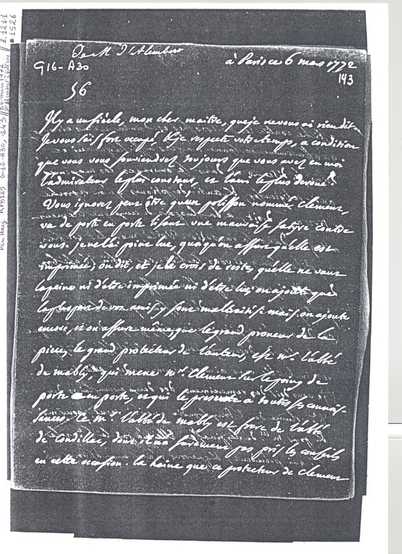 Lettre de D'Alembert à Voltaire, 6 mars 1772 Lettre de D'Alembert à Voltaire, 6 mars 1772