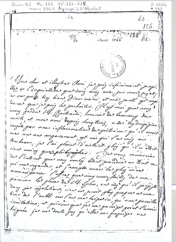 Lettre de Lagrange à D'Alembert, mars 1766 Lettre de Lagrange à D'Alembert, mars 1766