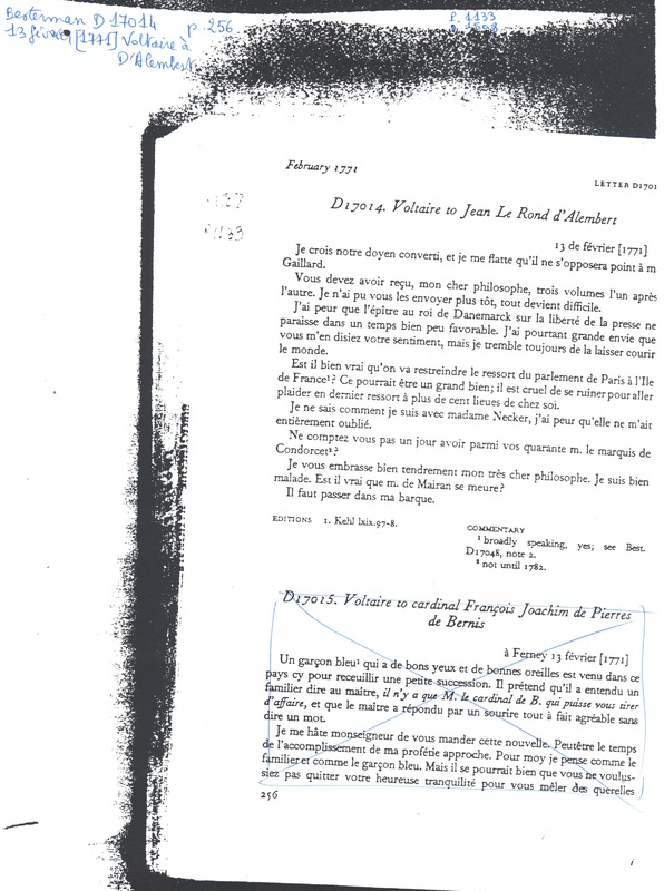Lettre de Voltaire à D'Alembert, 13 février 1771 Lettre de Voltaire à D'Alembert, 13 février 1771