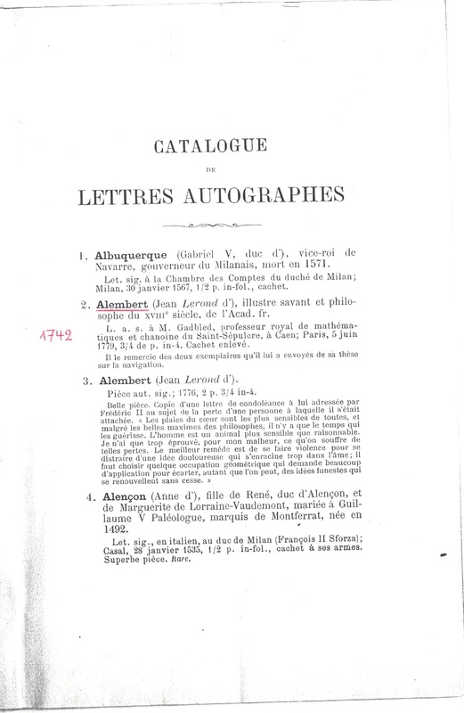 Lettre de D'Alembert à Gadbled, 5 juin 1779 Lettre de D'Alembert à Gadbled, 5 juin 1779