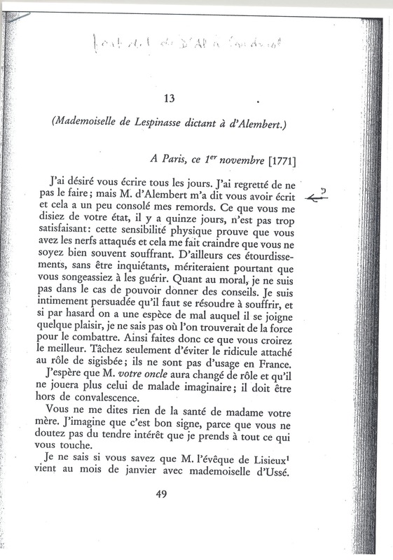 Lettre de Lespinasse dictant à D'Alembert à Condorcet, 1er novembre 1771