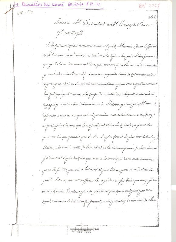 Lettre de D'Alembert à Bourgelat, 7 avril 1755 Lettre de D'Alembert à Bourgelat, 7 avril 1755