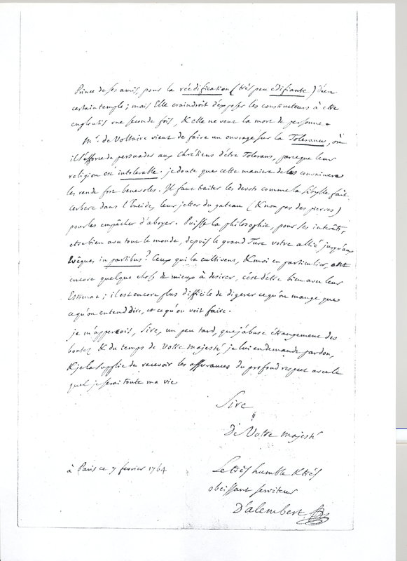 Lettre de D'Alembert à Frédéric II, 7 février 1764 Lettre de D'Alembert à Frédéric II, 7 février 1764