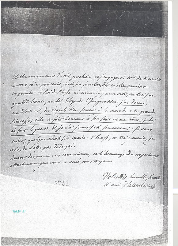Lettre de D'Alembert à Frisi, 20 février 1781 Lettre de D'Alembert à Frisi, 20 février 1781