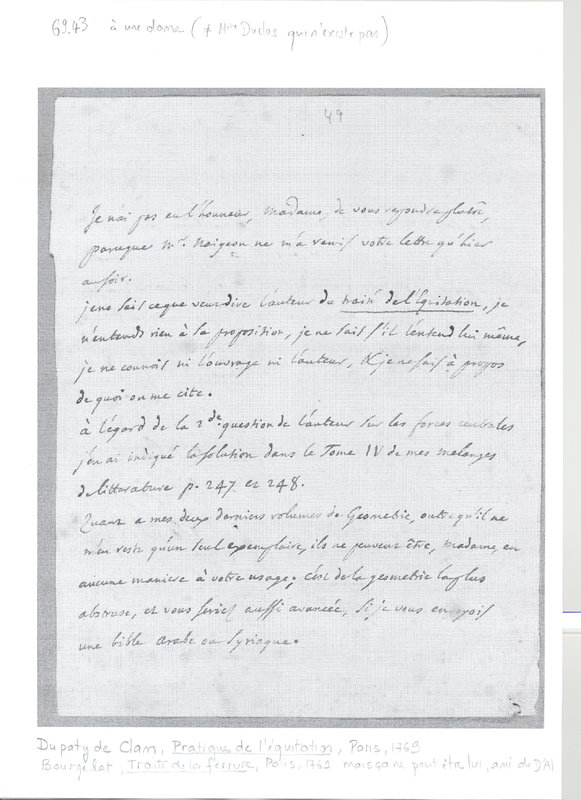 Lettre de D'Alembert à Mme Le Glaive (Pinot Duclos), 4 juillet 1769 Lettre de D'Alembert à Mme Le Glaive (Pinot Duclos), 4 juillet 1769
