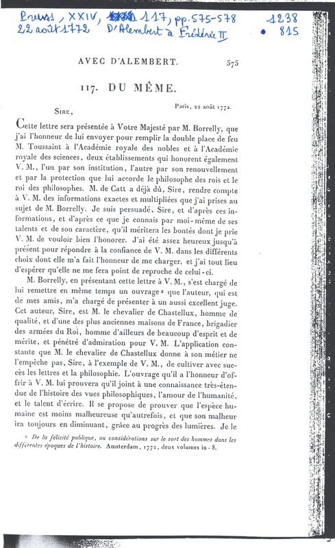 Lettre de D'Alembert à Frédéric II, 22 août 1772 Lettre de D'Alembert à Frédéric II, 22 août 1772