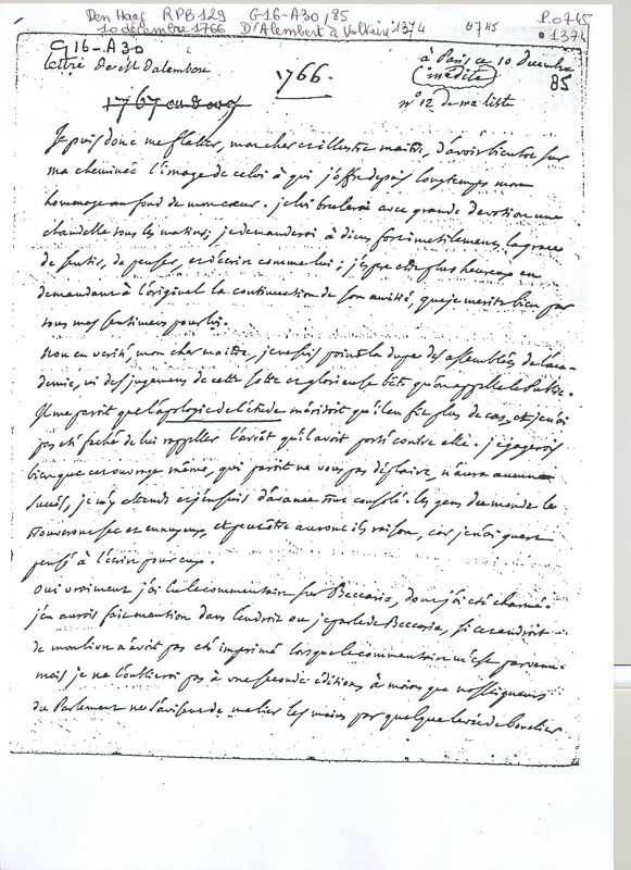 Lettre de D'Alembert à Voltaire, 10 décembre 1766 Lettre de D'Alembert à Voltaire, 10 décembre 1766