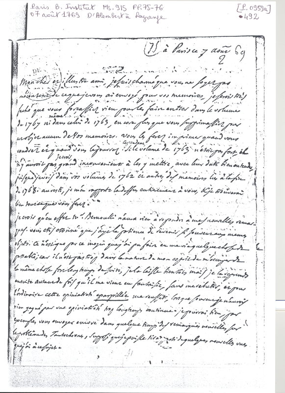 Lettre de D'Alembert à Lagrange, 7 août 1769 Lettre de D'Alembert à Lagrange, 7 août 1769