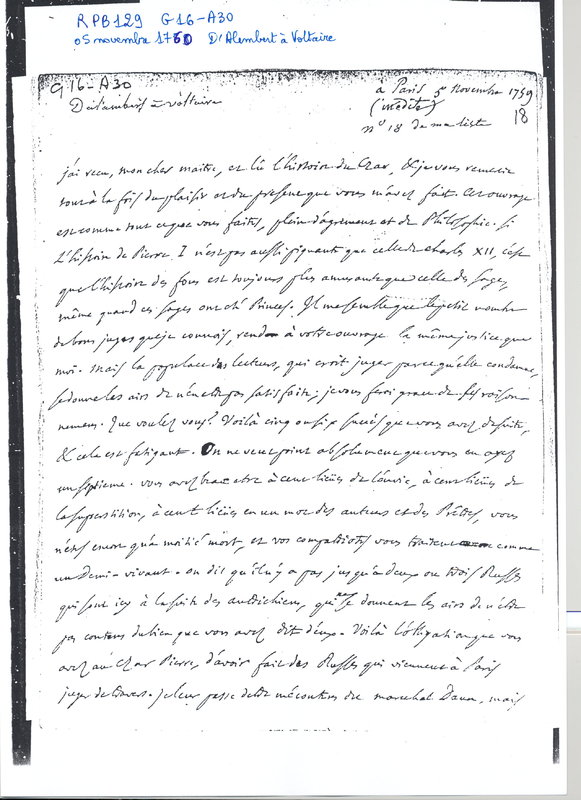 Lettre de D'Alembert à Voltaire, 5 novembre 1760 Lettre de D'Alembert à Voltaire, 5 novembre 1760
