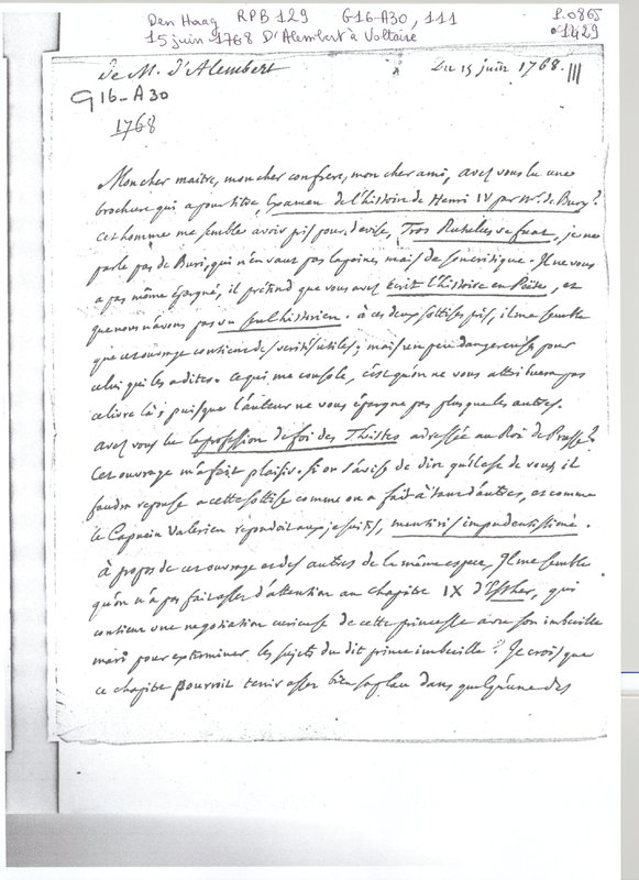 Lettre de D'Alembert et D'Amilaville à Voltaire, 15 juin 1768 Lettre de D'Alembert et D'Amilaville à Voltaire, 15 juin 1768