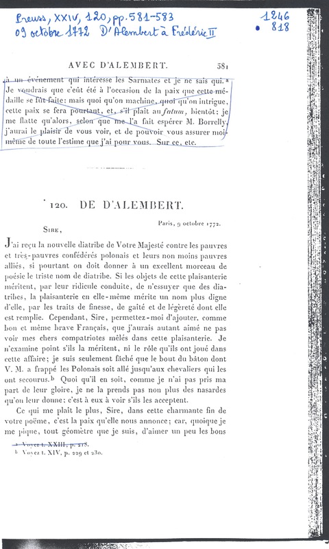 Lettre de D'Alembert à Frédéric II, 9 octobre 1772