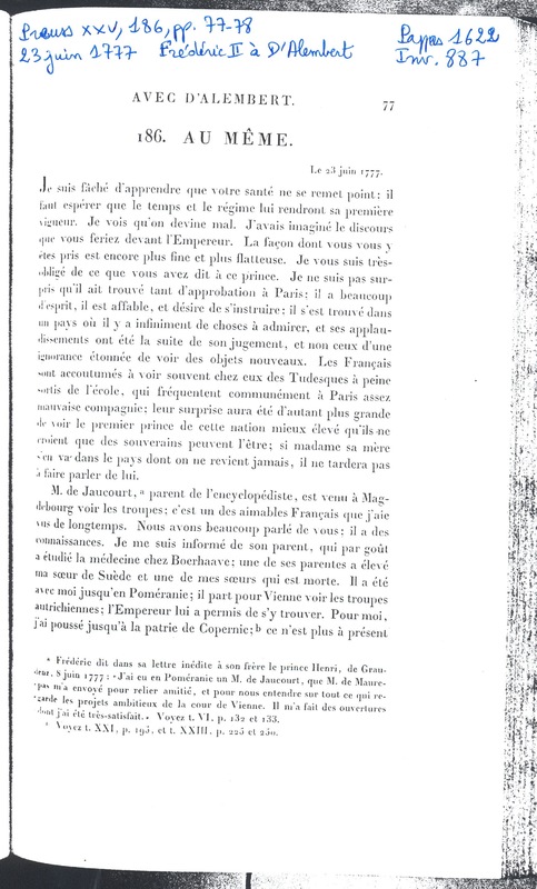 Lettre de Frédéric II à D'Alembert, 23 juin 1777 Lettre de Frédéric II à D'Alembert, 23 juin 1777