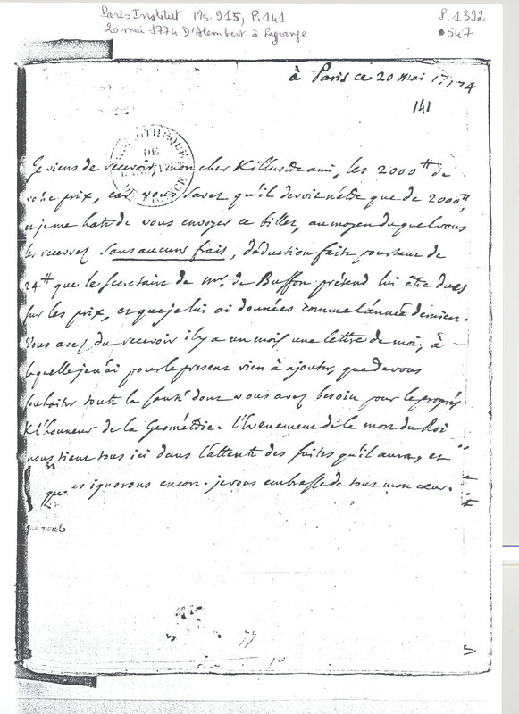 Lettre de D'Alembert à Lagrange, 20 mai 1774 Lettre de D'Alembert à Lagrange, 20 mai 1774