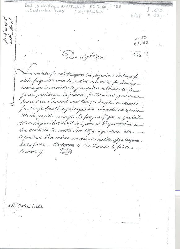 Lettre de Un médecin à D'Alembert, 16 septembre 1771 Lettre de Un médecin à D'Alembert, 16 septembre 1771