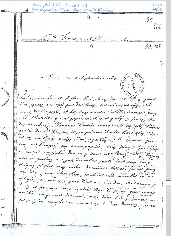 Lettre de Lagrange à D'Alembert, 1er septembre 1764