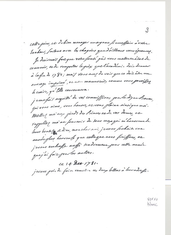 Lettre de D'Alembert à Catt, 14 décembre 1781 Lettre de D'Alembert à Catt, 14 décembre 1781