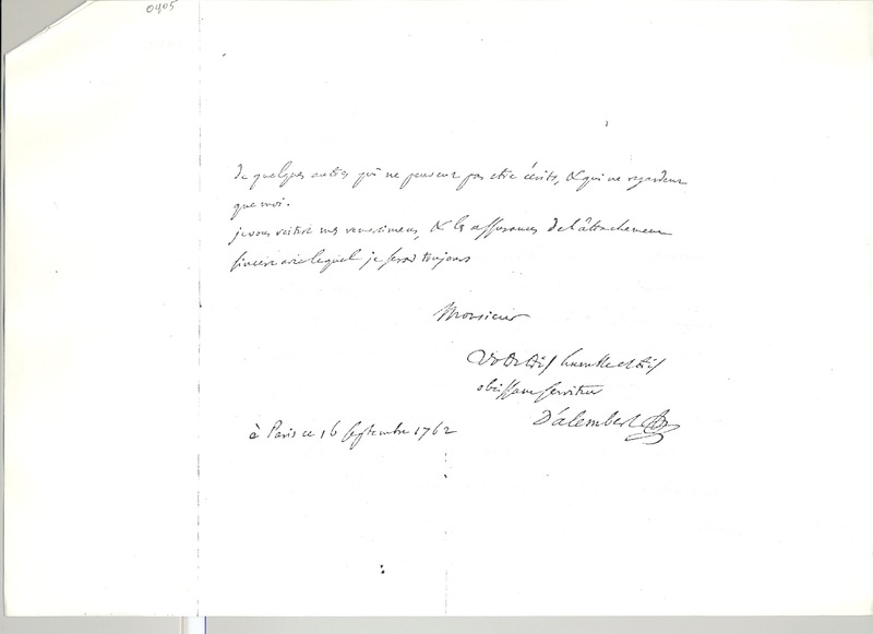 Lettre de D'Alembert à Nicolay, 16 septembre 1762 Lettre de D'Alembert à Nicolay, 16 septembre 1762