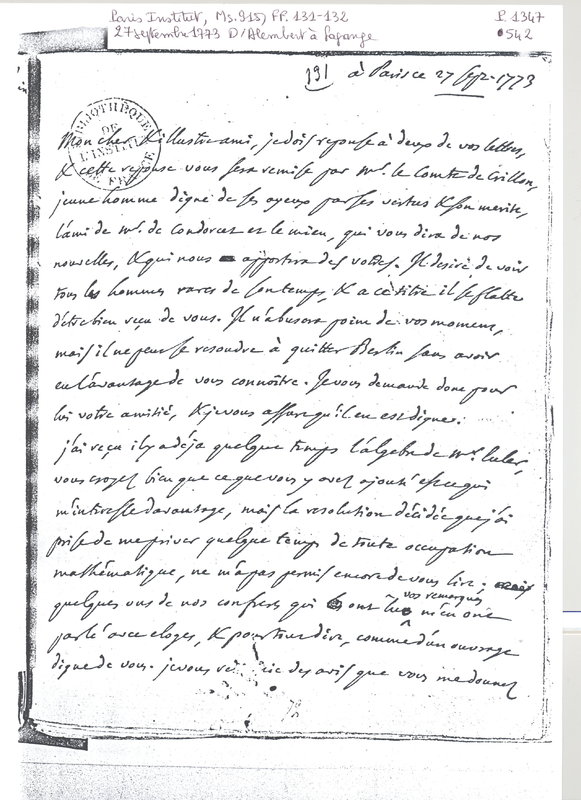 Lettre de D'Alembert à Lagrange, 27 septembre 1773 Lettre de D'Alembert à Lagrange, 27 septembre 1773