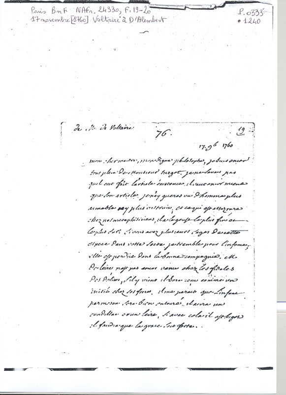Lettre de Voltaire à D'Alembert, 17 novembre 1760 Lettre de Voltaire à D'Alembert, 17 novembre 1760