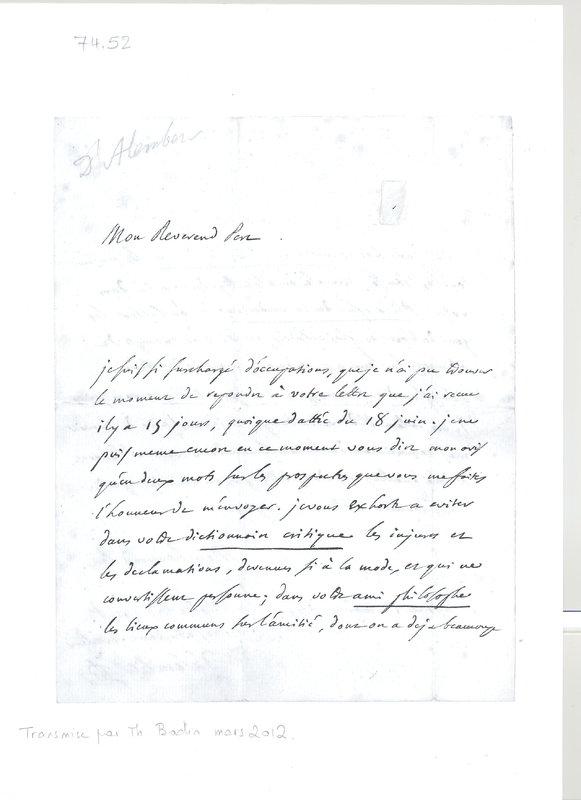 Lettre de D'Alembert à Aubry Jean Baptiste Benoît, 12 août 1774 Lettre de D'Alembert à Aubry Jean Baptiste Benoît, 12 août 1774