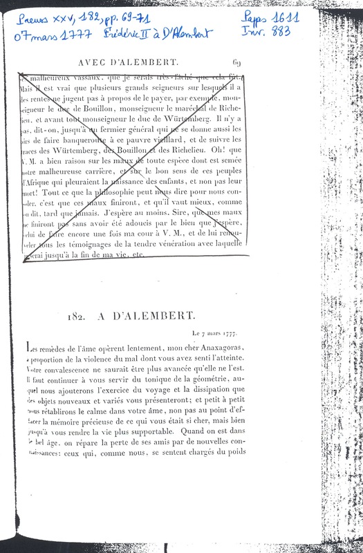 Lettre de Frédéric II à D'Alembert, 7 mars 1777 Lettre de Frédéric II à D'Alembert, 7 mars 1777