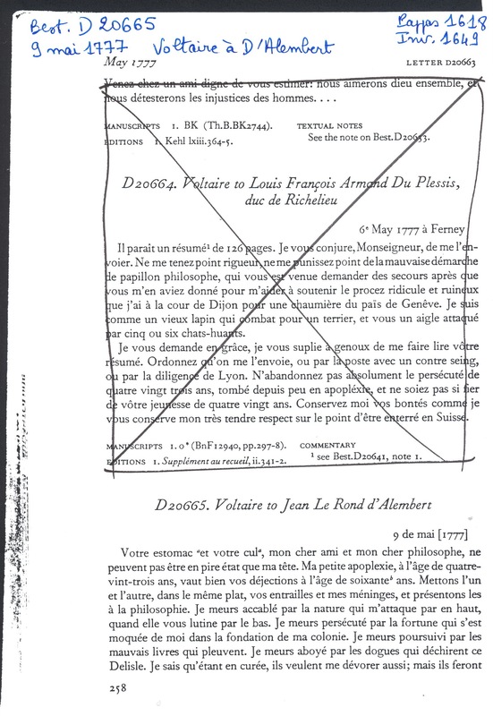 Lettre de Voltaire à D'Alembert, 9 mai 1777 Lettre de Voltaire à D'Alembert, 9 mai 1777