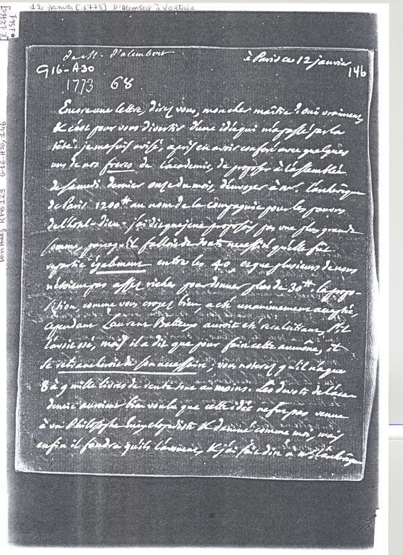 Lettre de D'Alembert à Voltaire, 12 janvier 1773 Lettre de D'Alembert à Voltaire, 12 janvier 1773