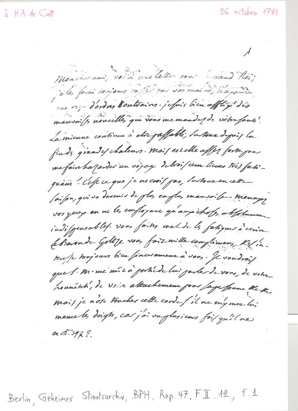 Lettre de D'Alembert à Catt, 26 octobre 1781 Lettre de D'Alembert à Catt, 26 octobre 1781