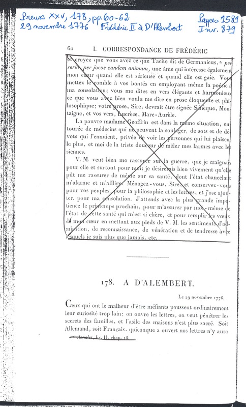 Lettre de Frédéric II à D'Alembert, 29 novembre 1776 Lettre de Frédéric II à D'Alembert, 29 novembre 1776