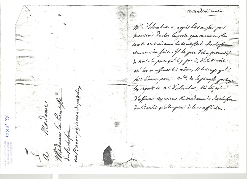 Lettre de D'Alembert à Mme Rochefort d'Ally (Pavée de Provenchères), 1er mars 1771 Lettre de D'Alembert à Mme Rochefort d'Ally (Pavée de Provenchères), 1er mars 1771