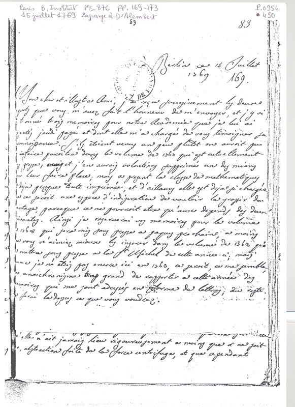 Lettre de Lagrange à D'Alembert, 15 juillet 1769 Lettre de Lagrange à D'Alembert, 15 juillet 1769