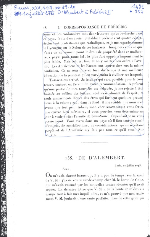 Lettre de D'Alembert à Frédéric II, 10 juillet 1775 Lettre de D'Alembert à Frédéric II, 10 juillet 1775