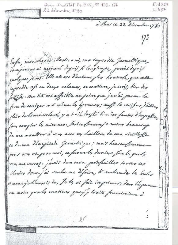 Lettre de D'Alembert à Lagrange, 22 décembre 1780 Lettre de D'Alembert à Lagrange, 22 décembre 1780