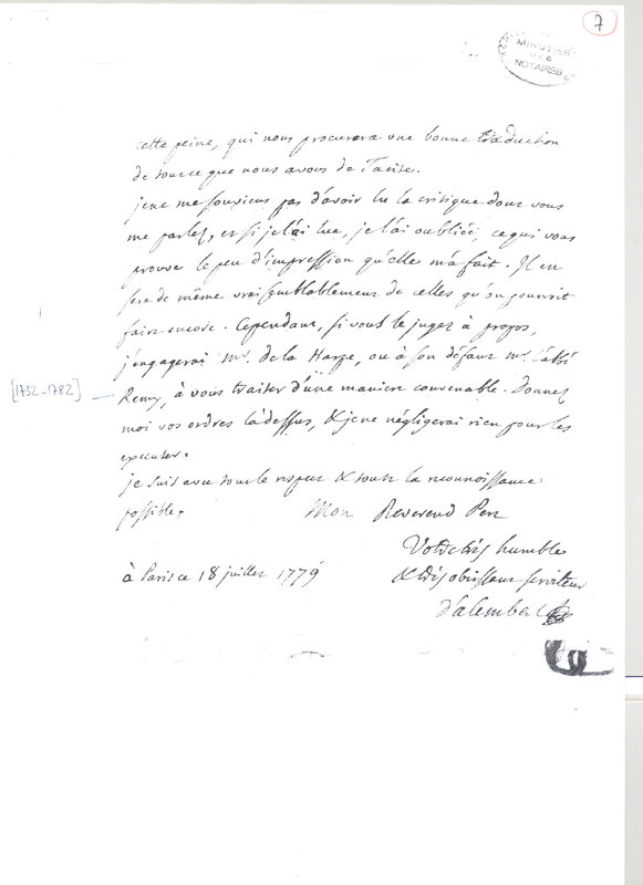 Lettre de D'Alembert à Dotteville, 18 juillet 1779 Lettre de D'Alembert à Dotteville, 18 juillet 1779